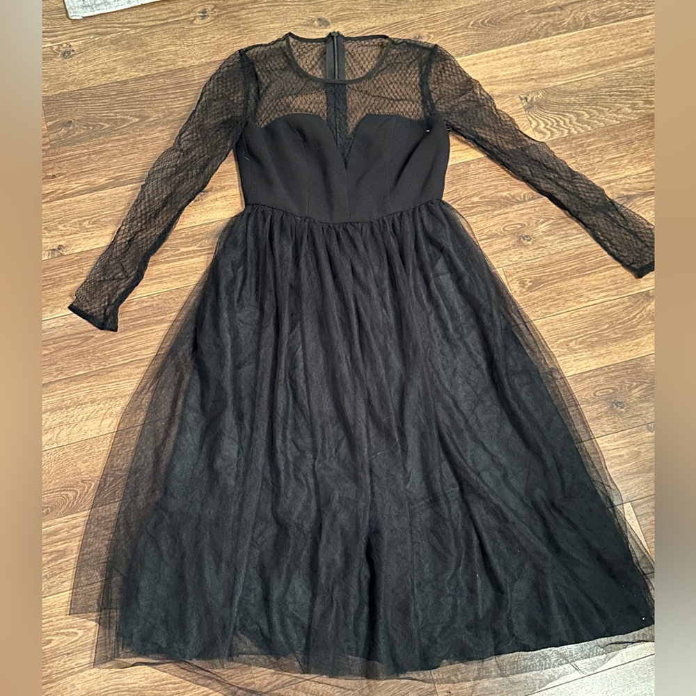 BCBG Génération Mesh Long Sleeve Midi Dress with Tulle
